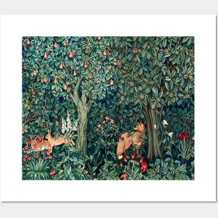 GREENERY, FOREST ANIMALS Fox and Hares Blue Green Floral Tapestry Posters and Art